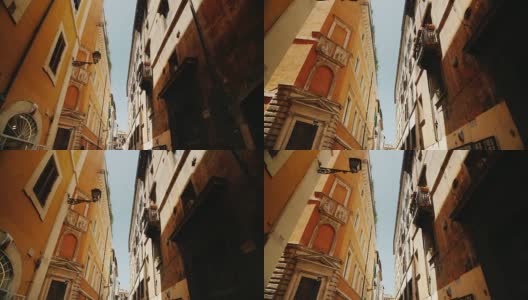 意大利罗马老城区美丽狭窄的街道。爬满常春藤的中世纪建筑斯坦尼康宽镜头拍摄高清在线视频素材下载