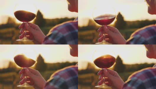 阳光照射在一杯红酒里。那只手拿着一只以葡萄园和夕阳为背景的玻璃杯高清在线视频素材下载