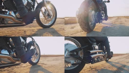 近距离拍摄的摩托车手驾驶他的摩托车在道路上日落高清在线视频素材下载