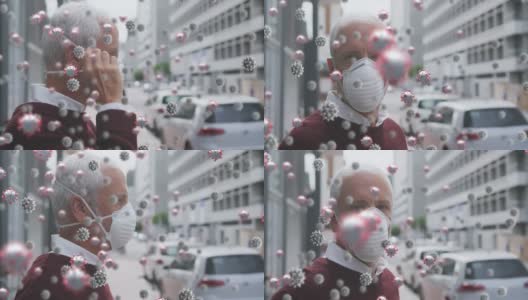 戴着口罩的老人身上的新冠病毒细胞动画高清在线视频素材下载