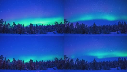 冬日森林上空的北极光。时间流逝高清在线视频素材下载