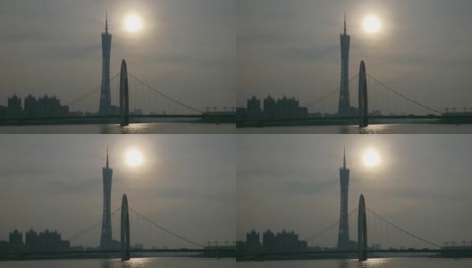 日落时分广州市著名大桥，广州塔，江边全景4k中国高清在线视频素材下载