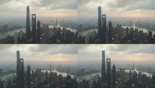 傍晚空中拍摄的上海城市天际线高清在线视频素材下载