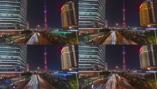 4K时光流逝:上海城市景观交通灯沿着道路和东方明珠塔流动高清在线视频素材下载