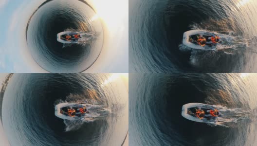 放大两名男子骑摩托艇在一个圆形全景高清在线视频素材下载