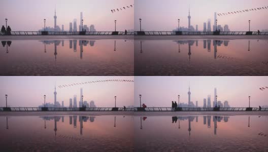 早上在上海外滩放风筝的人们的剪影，中国，4k视频。高清在线视频素材下载