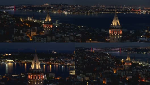 鸟瞰图伊斯坦布尔博斯普鲁斯桥后面的加拉塔在晚上高清在线视频素材下载