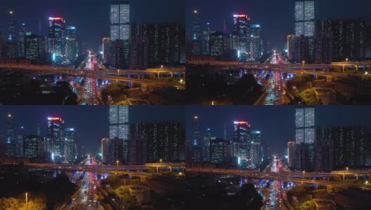 夜景时间照亮广州市中心繁忙交通街道路口航拍全景4k中国高清在线视频素材下载