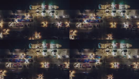 繁忙的工业港口夜间无人机视角高清在线视频素材下载