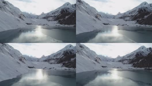 无人机飞越中国西藏冰冻的冰川泻湖。无人机航拍画面高清在线视频素材下载