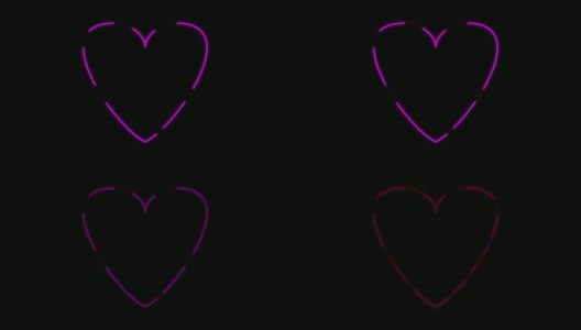 霓虹红紫罗兰光闪耀和发光的心形符号在黑暗的背景，爱和浪漫标志4k视频。情人节概念高清在线视频素材下载