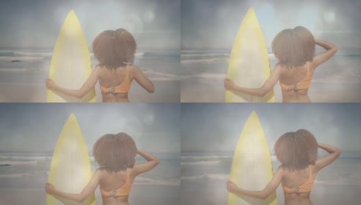 动画的非洲裔美国妇女在阳光明媚的海滩上手持冲浪板在灯光下高清在线视频素材下载