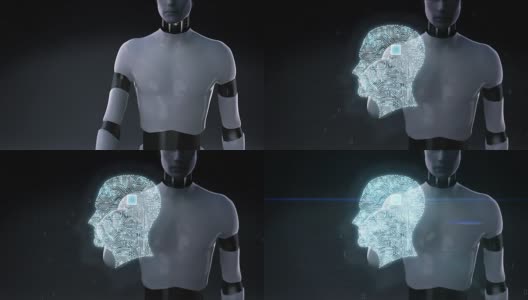 机器人，半机械人触摸大脑，连接大脑形状电路板，4K电影。增加人工intelligence.2高清在线视频素材下载
