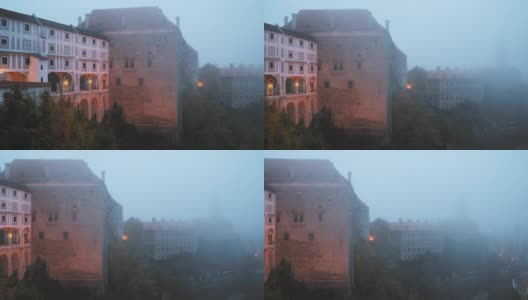 捷克共和国，Cesky Krumlov。秋天的早晨有薄雾。联合国教科文组织世界遗产高清在线视频素材下载