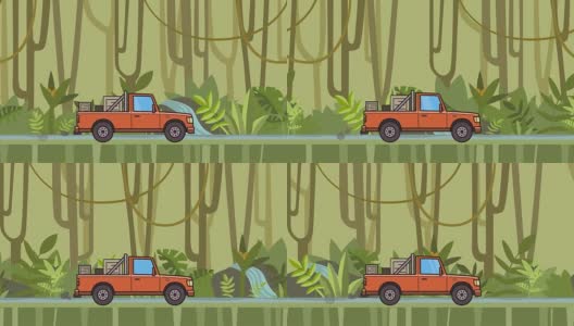 带箱子的动画皮卡穿过绿色的雨林。移动交付车在丛林和河流的背景。平面动画。高清在线视频素材下载