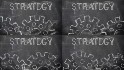 黑板上用粉笔书写商业的概念，文字“策略”，和动画旋转的两个粉笔剪影绘图齿轮。高清在线视频素材下载