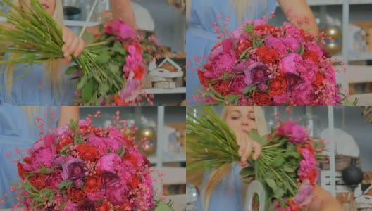 专业花匠在花店制作漂亮的花束高清在线视频素材下载
