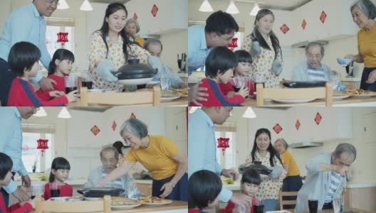 妈妈在春节给父母和孩子端火锅高清在线视频素材下载
