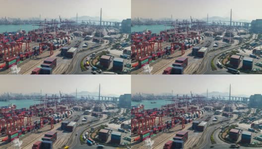 4K时间延时:码头商埠的集装箱货物仓库和工作吊车桥装卸集装箱，以城市景观为背景的商务物流、进出口、航运或运输高清在线视频素材下载
