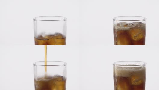 清凉的可乐倒进一个玻璃与冰在白色背景与文字空间。含咖啡因的冰饮料高清在线视频素材下载