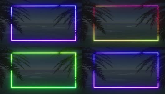 那种波西米亚风格的海报。热带椰子。创造性的霓虹灯模板。商标说明。奇异的背景海报。绿色背景。假日框架。迈阿密海滩。霓虹灯。4 k高清在线视频素材下载