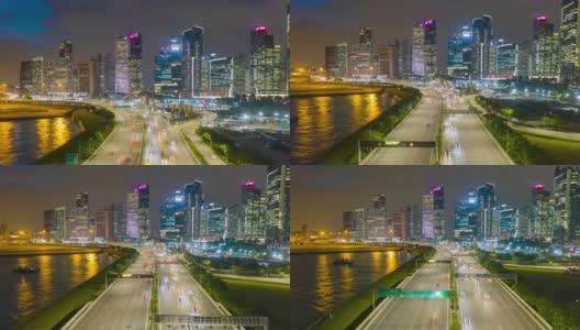 Hyper lapse视频4K，航拍交通与背景新加坡地标性金融商业区与摩天大楼，交通进入城市于2020年2月2日在新加坡。高清在线视频素材下载