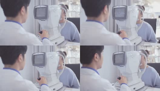 老年妇女患者在诊所接受眼科医生的眼科检查高清在线视频素材下载