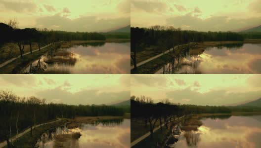 湖面上的日落与无人机拍摄的水边，与倒影，影子，芦苇和鸭子高清在线视频素材下载