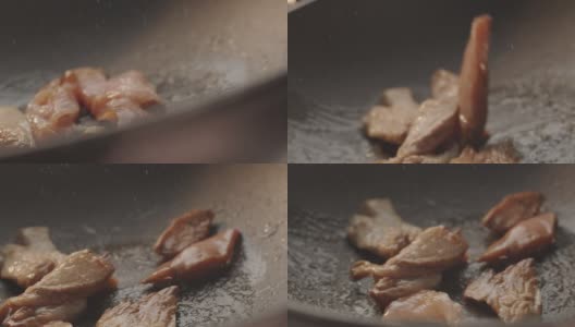 在煎锅里煎鸡胸肉高清在线视频素材下载