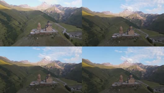 鸟瞰卡兹别克山和格盖蒂三一教堂高清在线视频素材下载