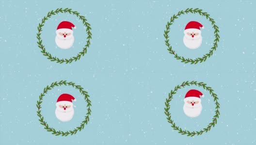 动画圆形槲寄生花环与卡通圣诞老人和下雪的蓝色背景高清在线视频素材下载