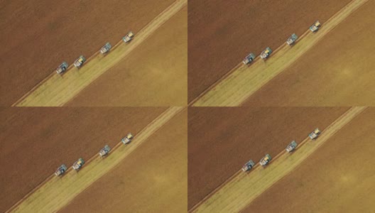 无人机空中俯视图联合收割机操作在茉莉稻田，粮食或农业的概念。高清在线视频素材下载