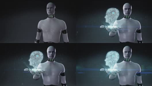 机器人，半机械人张开手掌，大脑连接脑形电路板，4K电影。人工智能发展。高清在线视频素材下载