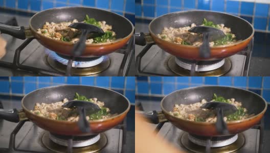 用罗勒或Pad-kaprao炸猪肉，泰国菜高清在线视频素材下载