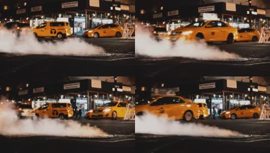 美国纽约市中心交通道路上的井盖冒出浓烟的特写镜头高清在线视频素材下载
