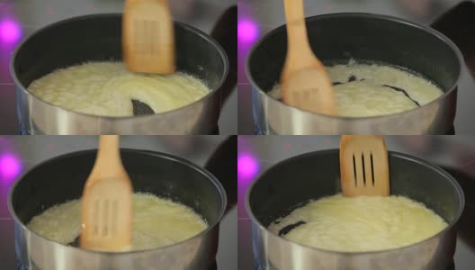 在热锅上制作糖和黄油糖浆高清在线视频素材下载