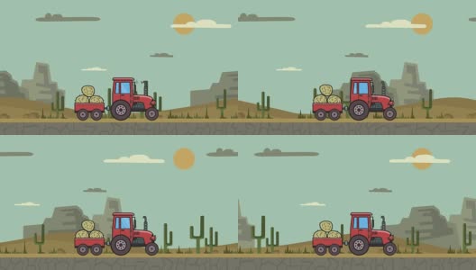 动画拖拉机满载干草通过峡谷沙漠。在山区沙漠背景移动农用车辆。平面动画。高清在线视频素材下载