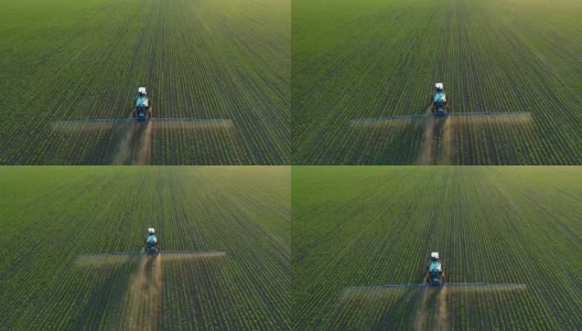4K无人机拍摄的画面。在大豆田上跟着拖拉机喷雾器高清在线视频素材下载