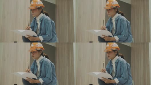 泰国建筑师技术员女子检查她的工作与装修办公室设计项目高清在线视频素材下载