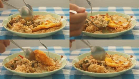 红咖喱饭配鸡蛋，泰国菜高清在线视频素材下载