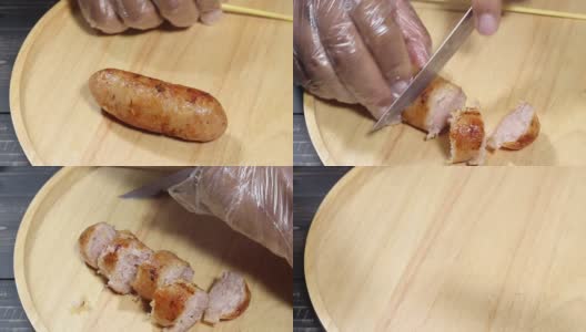 手工切割的泰国北部发酵香肠高清在线视频素材下载