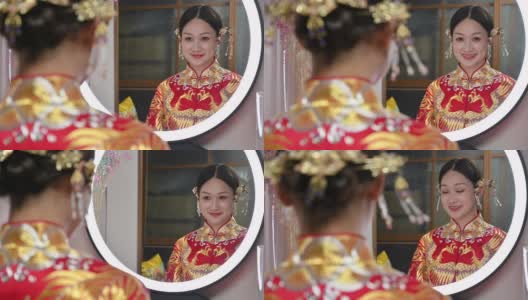 美丽的中国新娘与风格的头发和配饰的反映高清在线视频素材下载