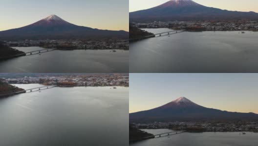 黎明时分富士山和川口湖的鸟瞰图高清在线视频素材下载