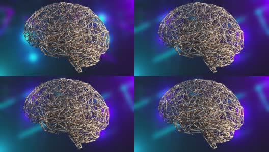 计算机生成的人工智能。在彩色灯光的背景下，用线框绘制出人脑形状的3d渲染图高清在线视频素材下载