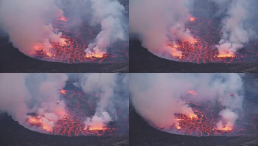 在充满烟雾的尼拉贡戈活火山火山口的熔岩湖的特写镜头高清在线视频素材下载