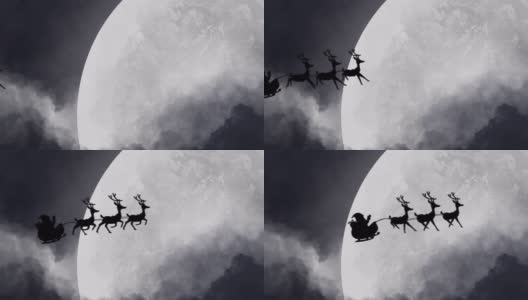 圣诞老人的剪影在驯鹿拉雪橇对月亮高清在线视频素材下载