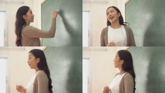 年轻的亚洲女教师在黑板上写数学算术题高清在线视频素材下载