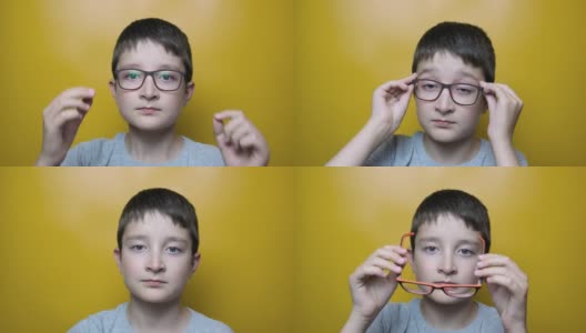 一个可爱的男孩的肖像戴上和摘下眼镜的黄色背景，近视，散光和眼科疾病的概念高清在线视频素材下载