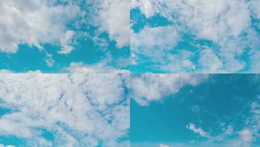 在夏日阳光明媚的日子里，云朵在蔚蓝的天空中移动。蓝蓝的天空飘着蓬松的白云，在春日晴空的广阔空间里遨游。高清在线视频素材下载