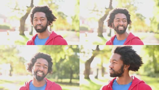 蓄着胡须的黑人在阳光下的周末肖像高清在线视频素材下载